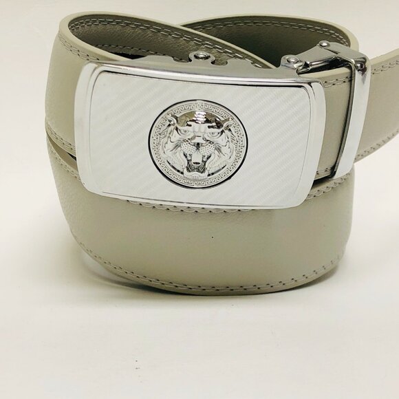 Gray Leather Belt Automatic‎ Buckle Slide Belt NoHole Strep Ratchet Square Lion - Picture 2 of 3